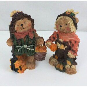 2003 KE Lot Of 2 Autumn Thanksgiving Teddy Bear 5.75" Resin Figurines